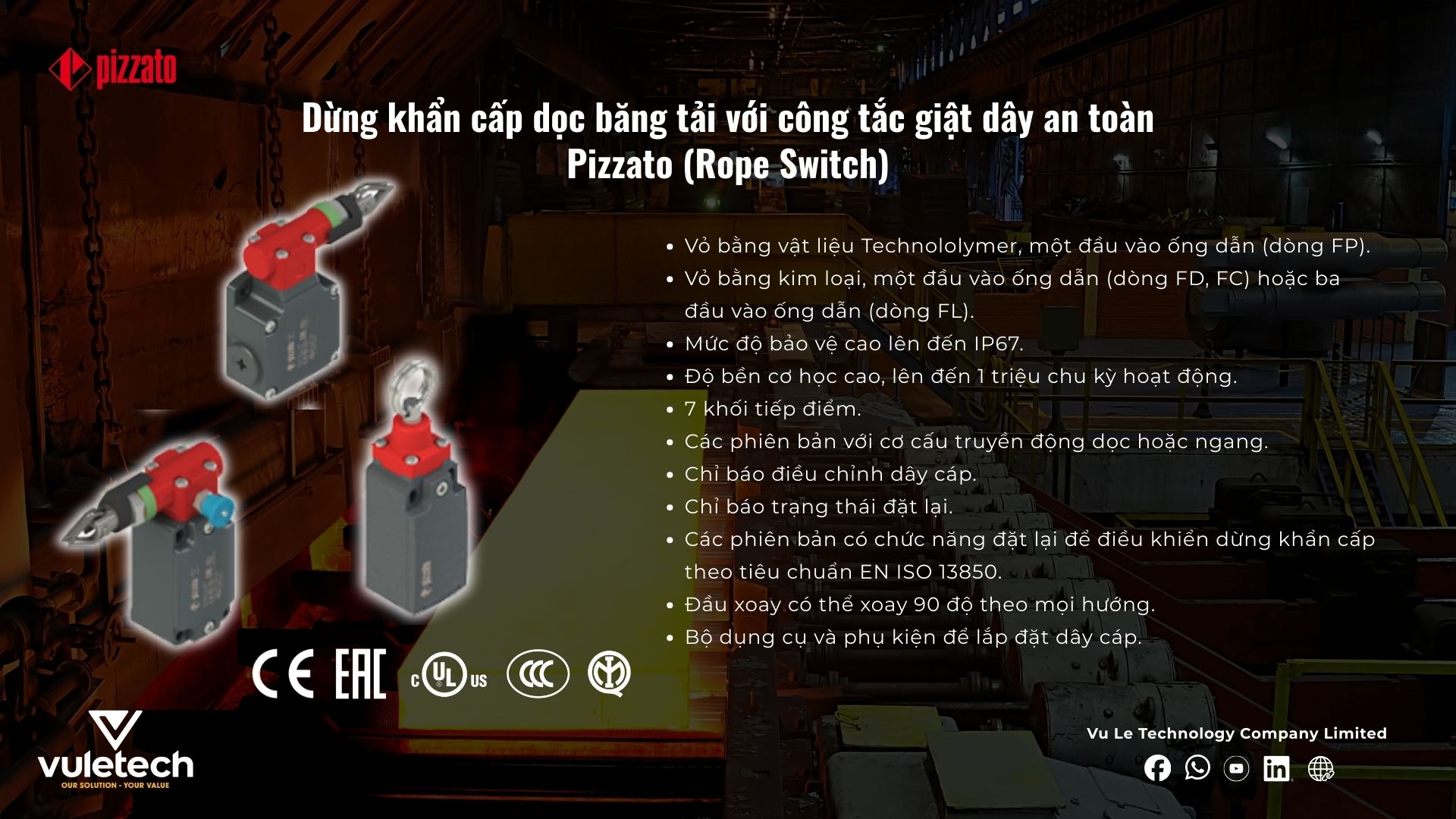 Dừng khẩn cấp dọc băng tải với công tắc giật dây an toàn Pizzato (Rope Switch)
