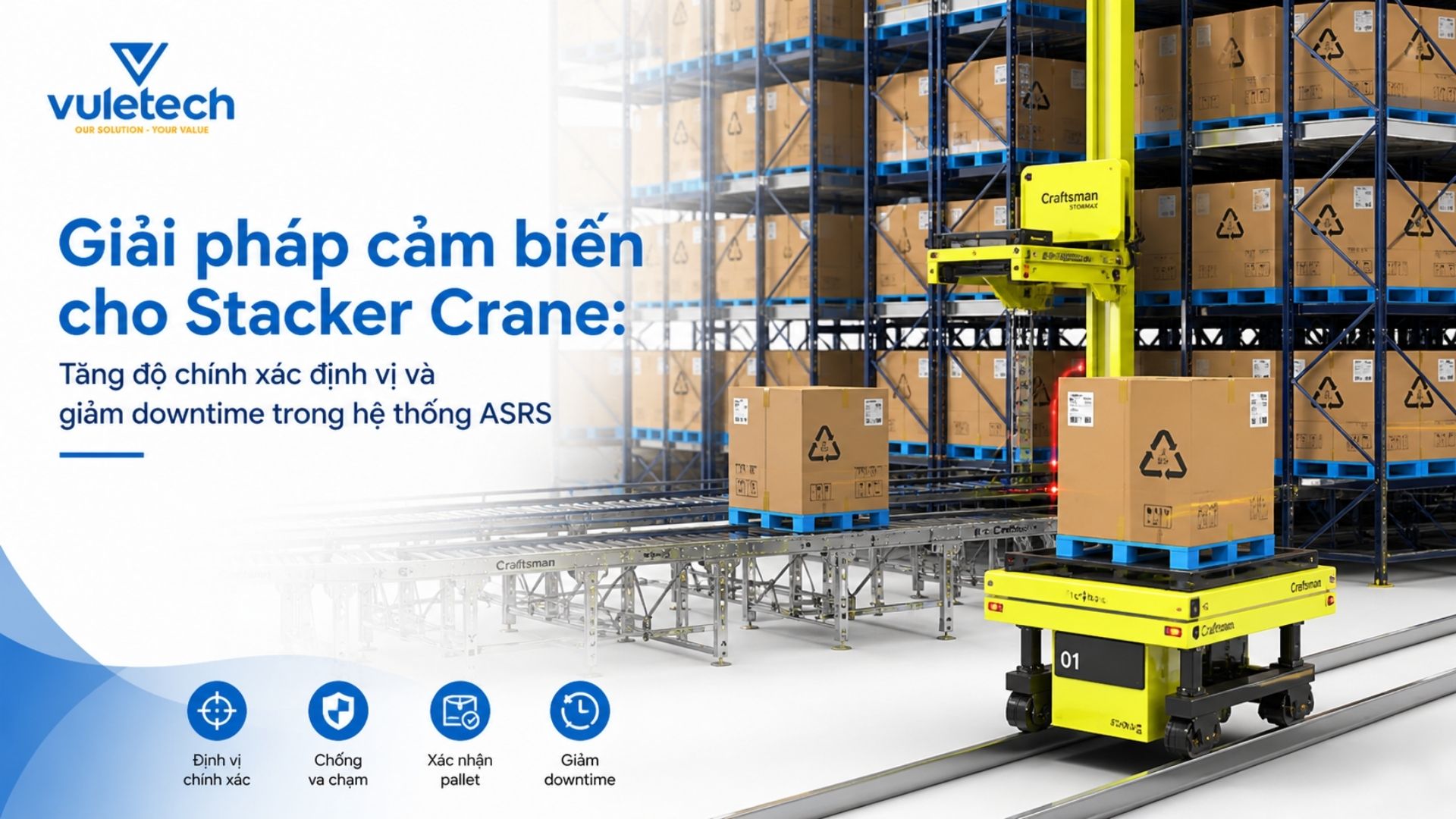 Giải pháp cảm biến cho Stacker Crane: Tăng độ chính xác định vị và giảm downtime trong hệ thống ASRS